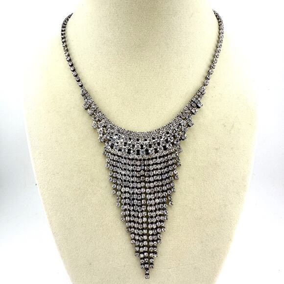 18” Christina Collection Silver Tone Glass Rhinestone Glam Fringe Necklace - Picture 1 of 6